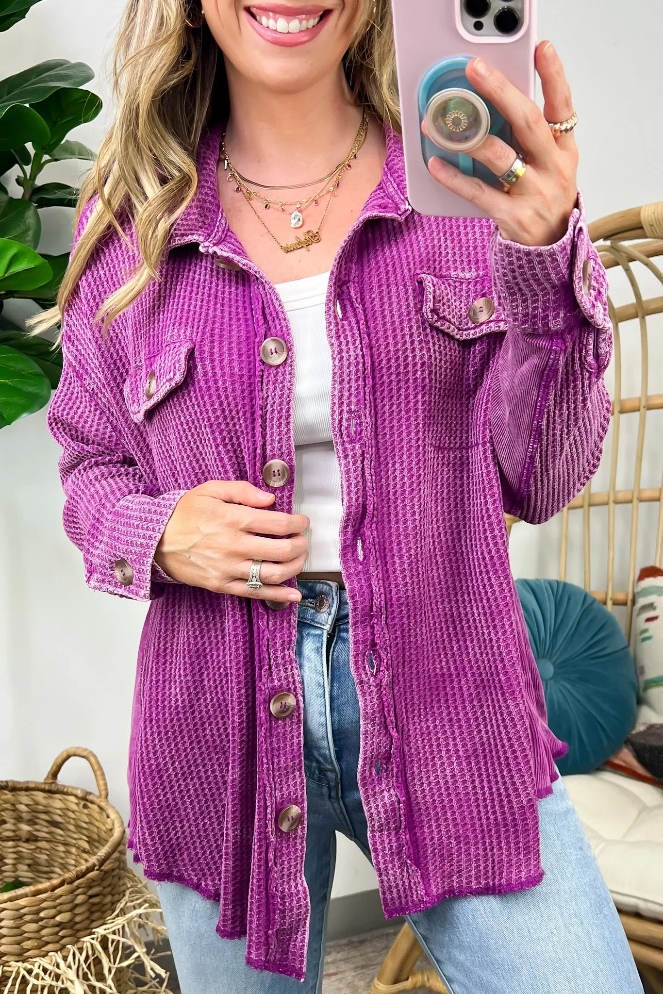 Adwin Acid Wash Button Down Waffle Knit Shacket - BACK IN STOCK now