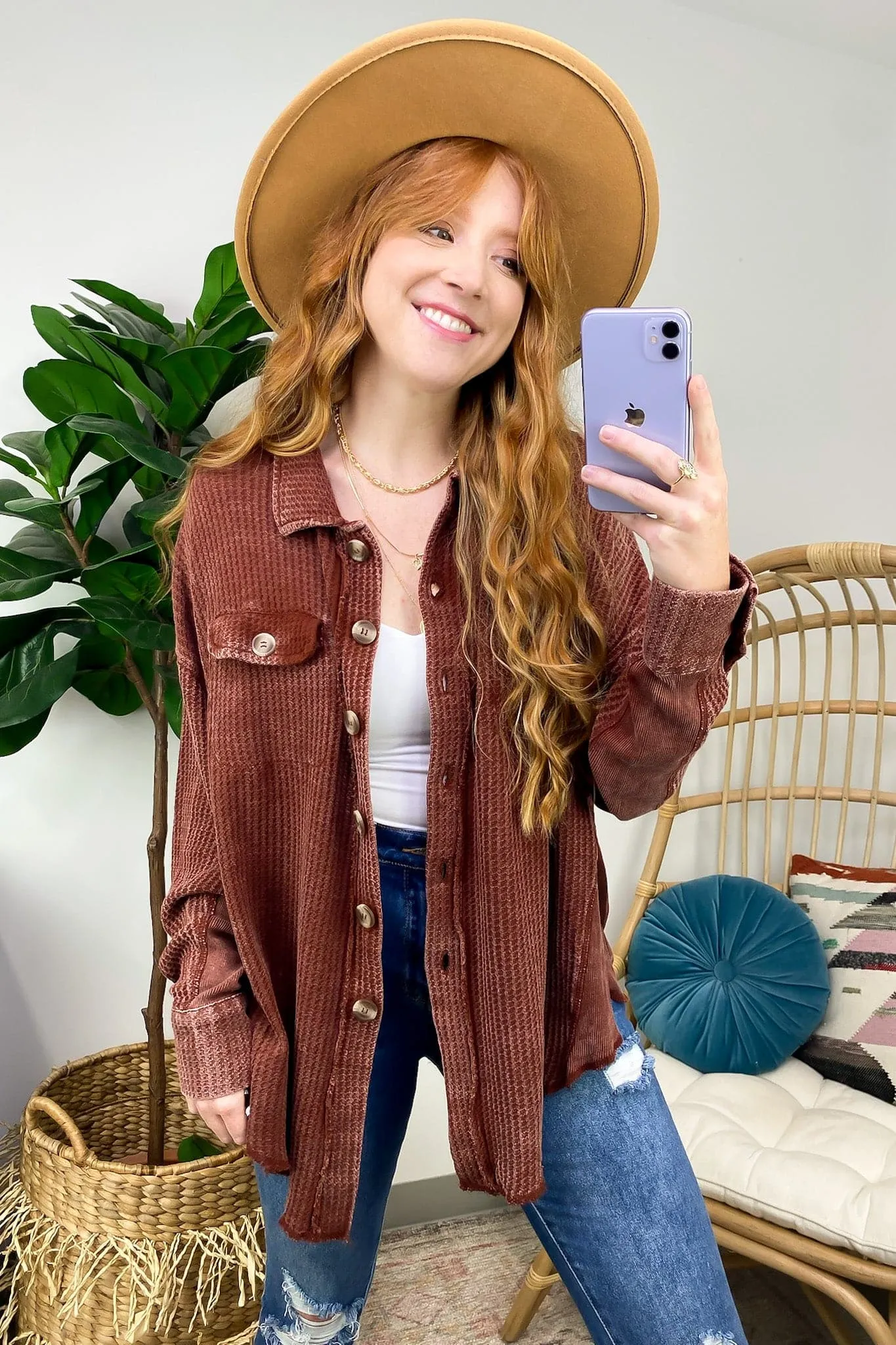 Adwin Acid Wash Button Down Waffle Knit Shacket - BACK IN STOCK now