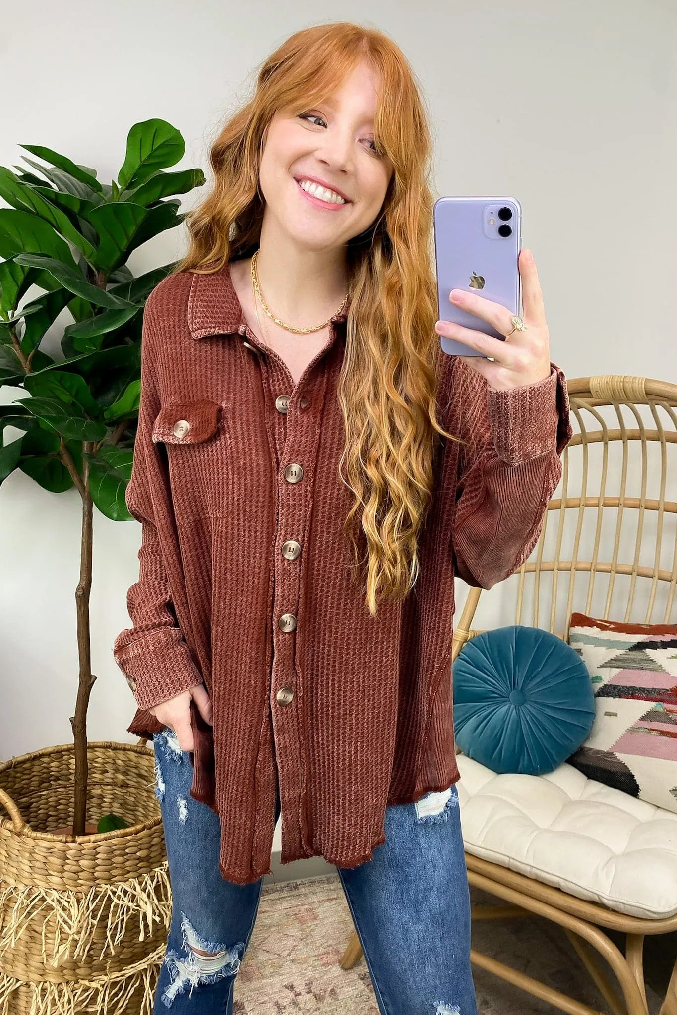 Adwin Acid Wash Button Down Waffle Knit Shacket - BACK IN STOCK now