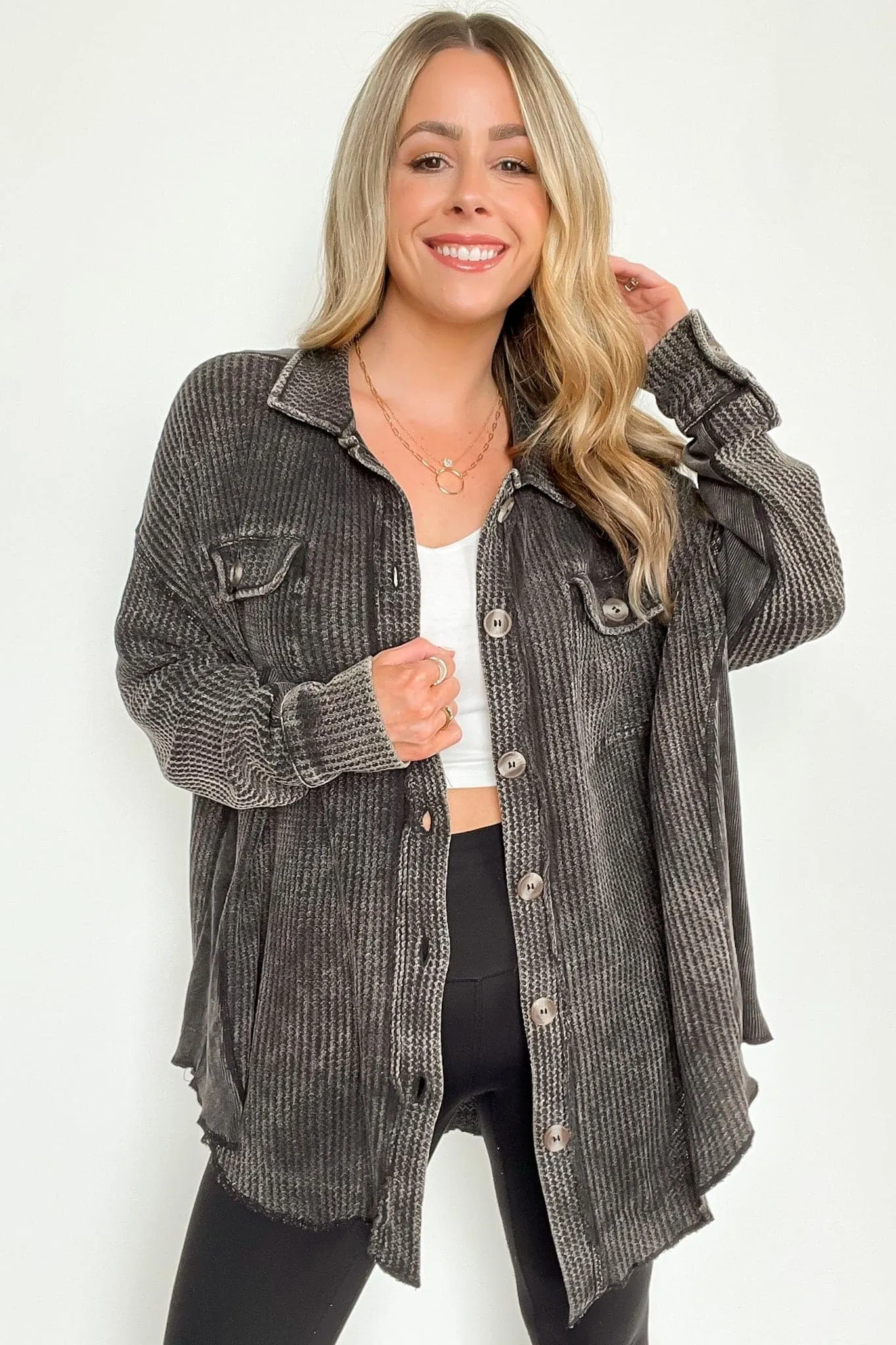 Adwin Acid Wash Button Down Waffle Knit Shacket - BACK IN STOCK now