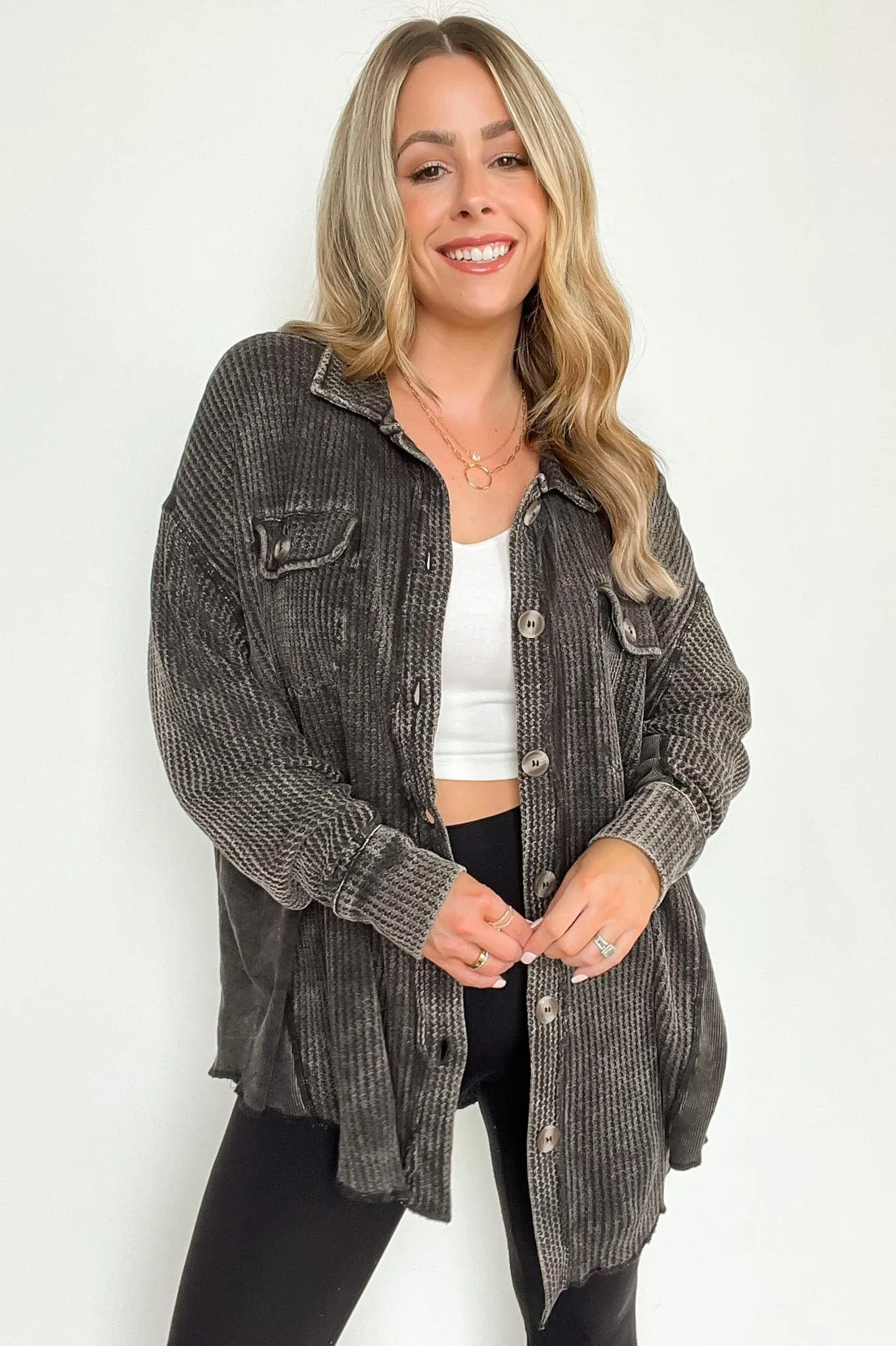 Adwin Acid Wash Button Down Waffle Knit Shacket - BACK IN STOCK now