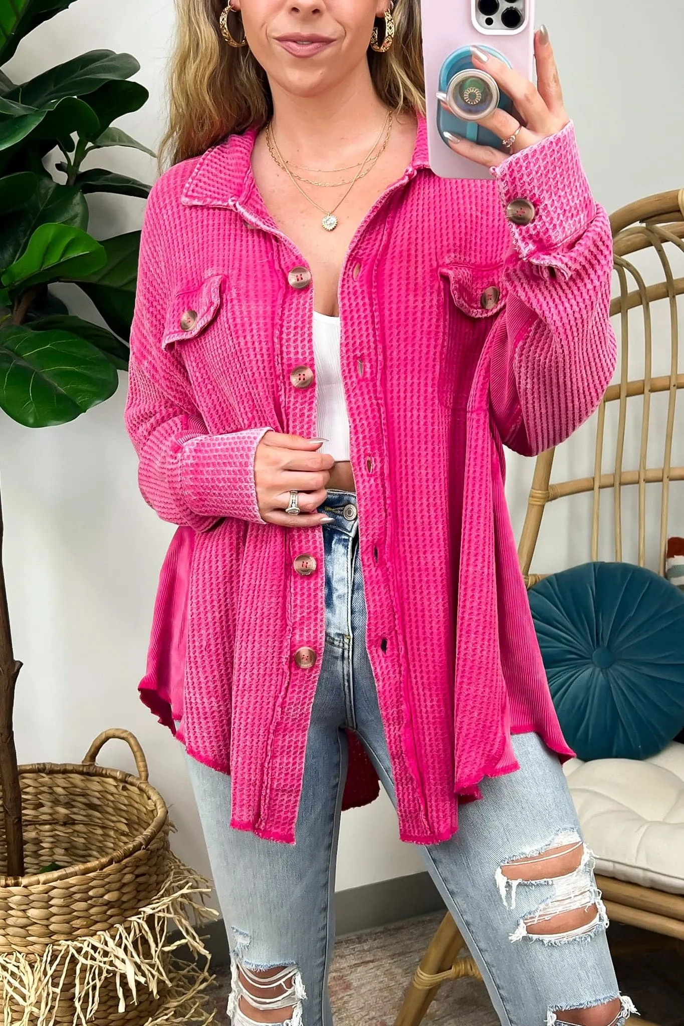 Adwin Acid Wash Button Down Waffle Knit Shacket - BACK IN STOCK now