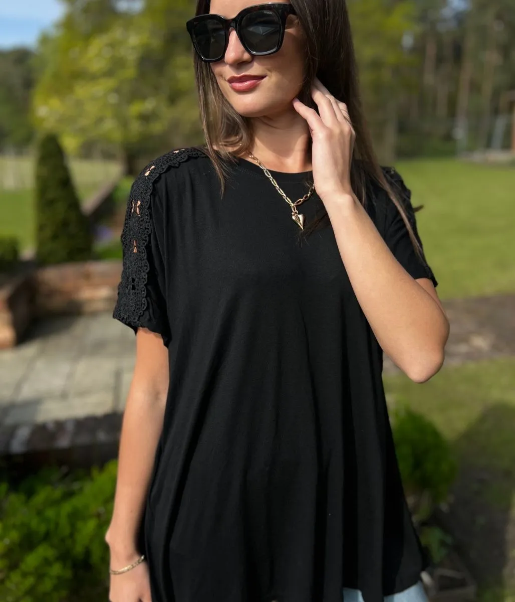 Black Lace Flower Detail T Shirt