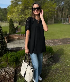 Black Lace Flower Detail T Shirt