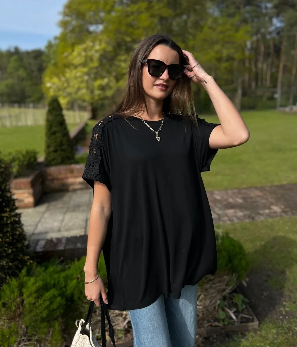Black Lace Flower Detail T Shirt