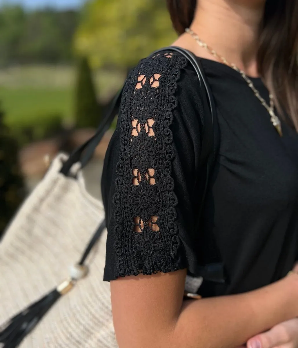 Black Lace Flower Detail T Shirt