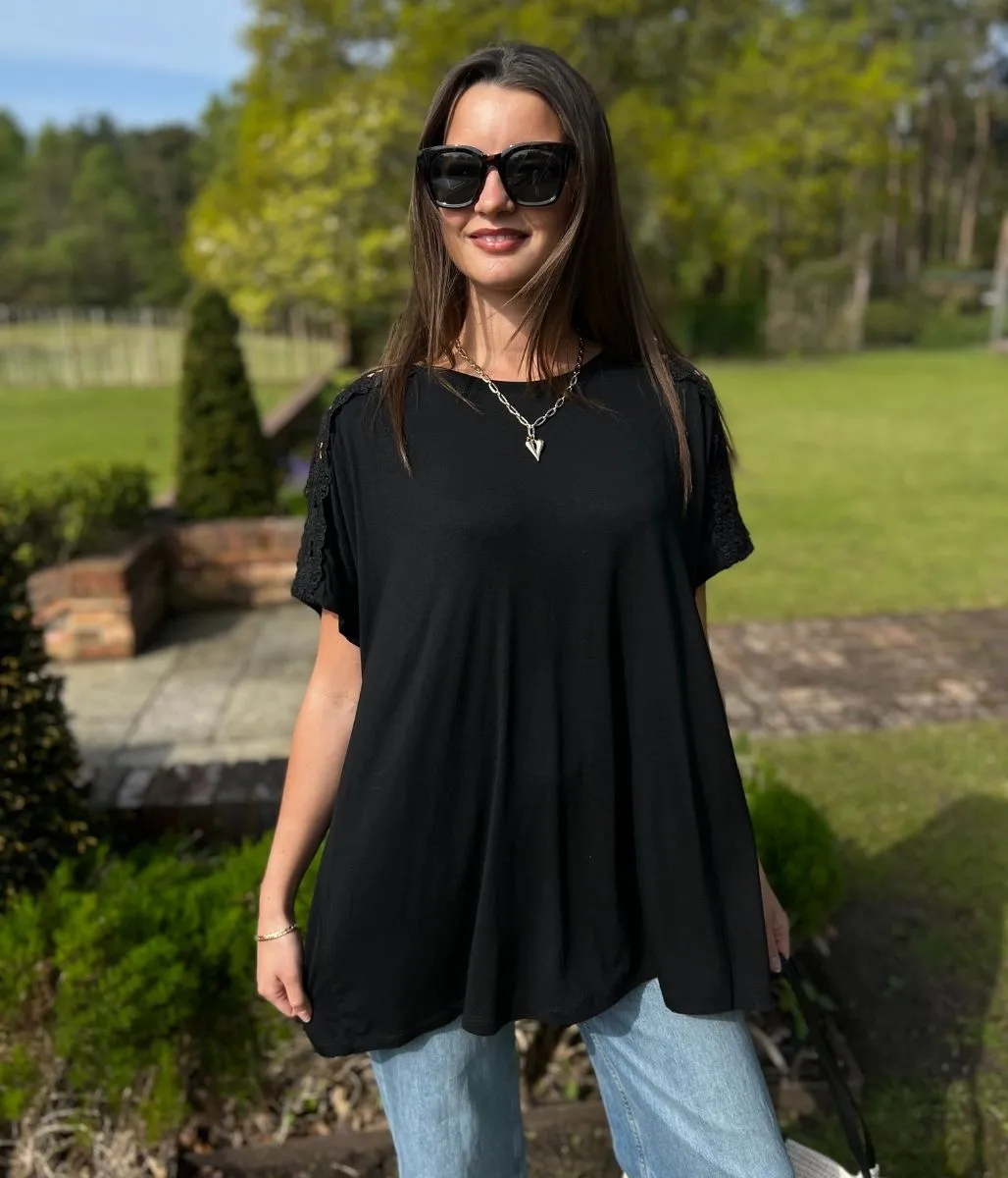 Black Lace Flower Detail T Shirt