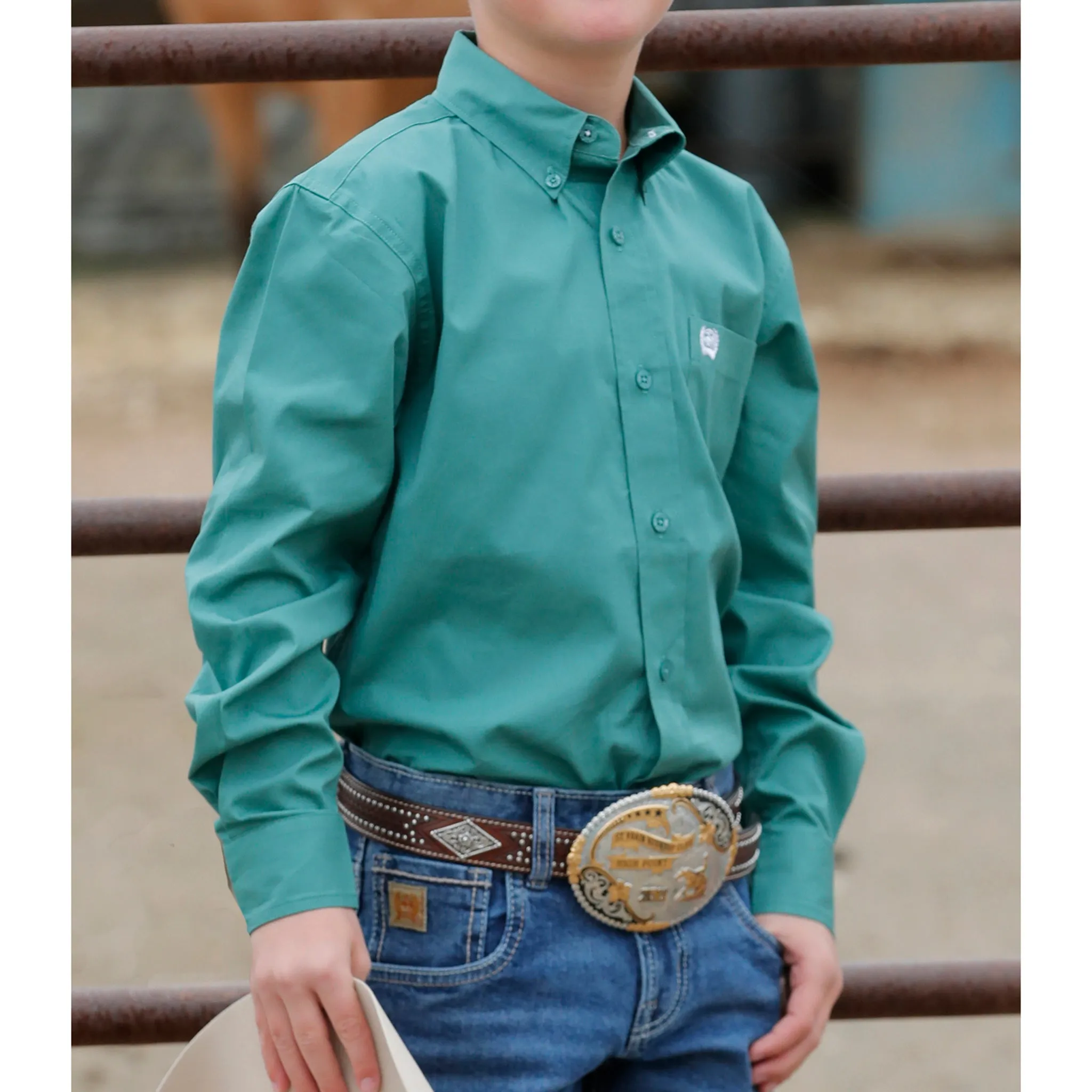 Cinch Boy's Solid Green Long Sleeve Shirt