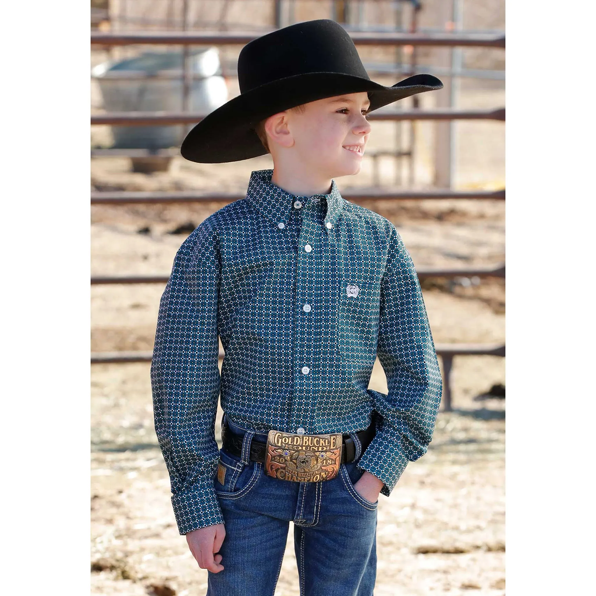 Cinch Boys Teal Geo Print Long Sleeve