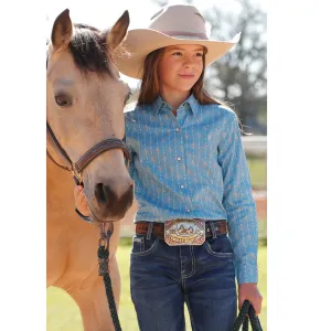 Cinch Girls Light Blue Print Long Sleeve Button Up