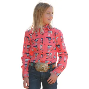 Cruel Girl Kid's Coral Boot Print Long Sleeve Button Down