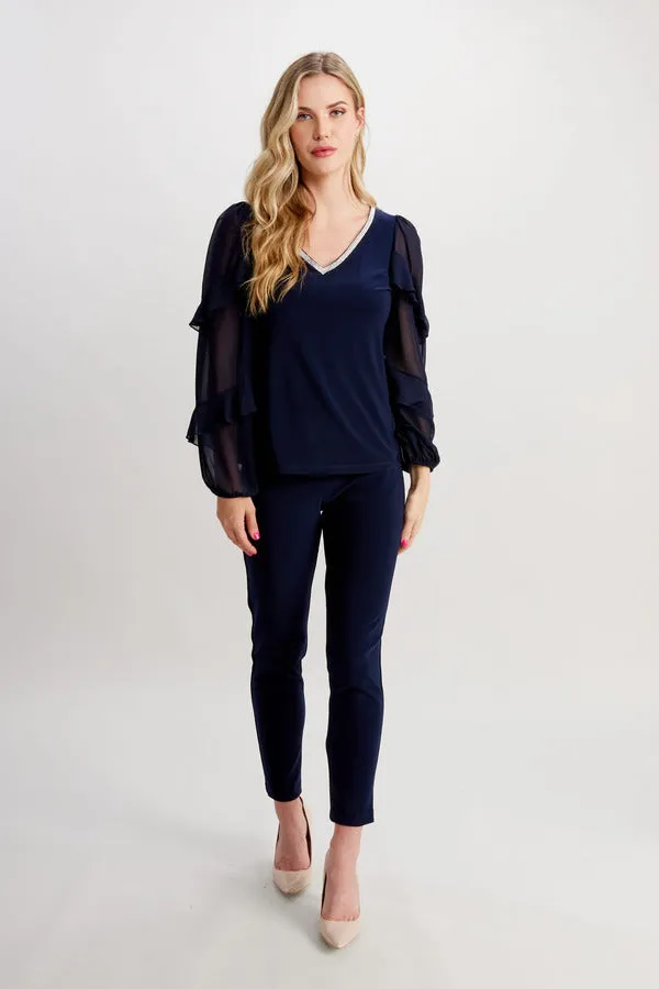 Frank Lyman - Sheer Sleeve Rhinestone Trim Top - 248019 - Midnight- 50% Off - 1 x 10 left