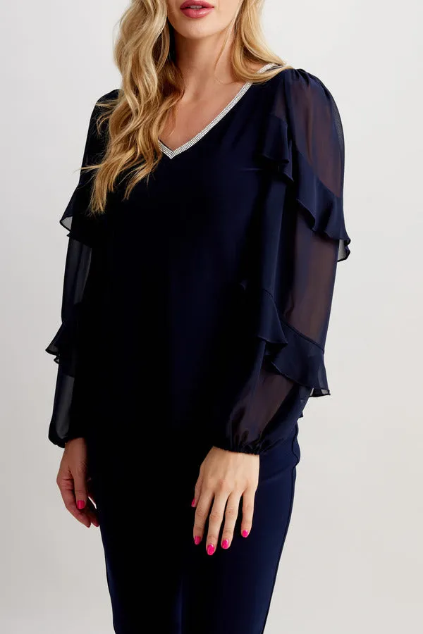 Frank Lyman - Sheer Sleeve Rhinestone Trim Top - 248019 - Midnight- 50% Off - 1 x 10 left
