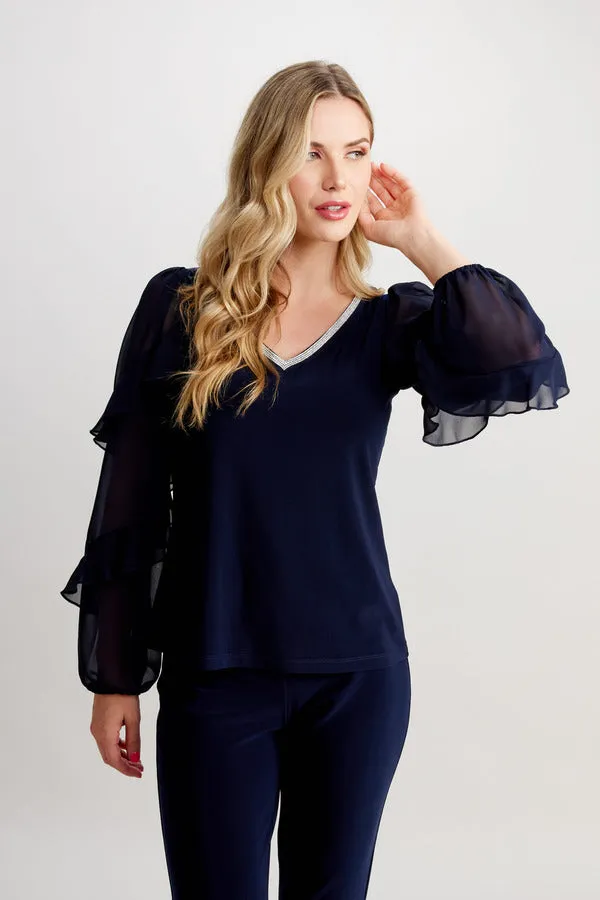 Frank Lyman - Sheer Sleeve Rhinestone Trim Top - 248019 - Midnight- 50% Off - 1 x 10 left