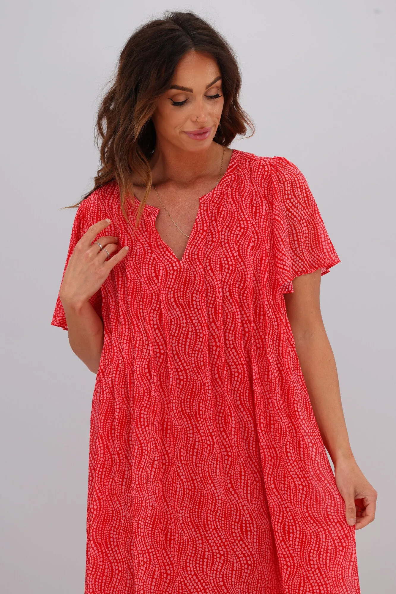 Gloss by Shine On Asya Pleat Front Dress Red Pink Spot Print