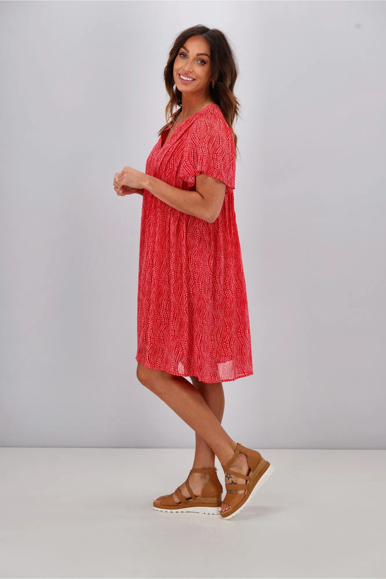 Gloss by Shine On Asya Pleat Front Dress Red Pink Spot Print