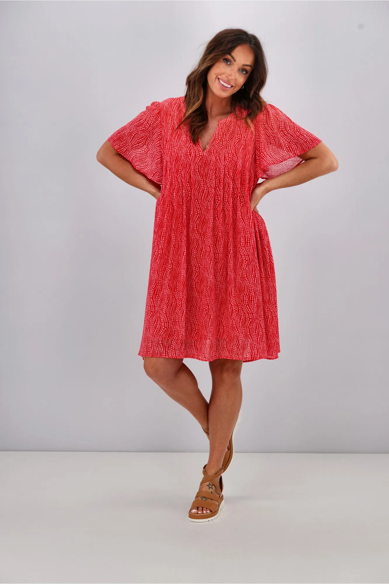 Gloss by Shine On Asya Pleat Front Dress Red Pink Spot Print