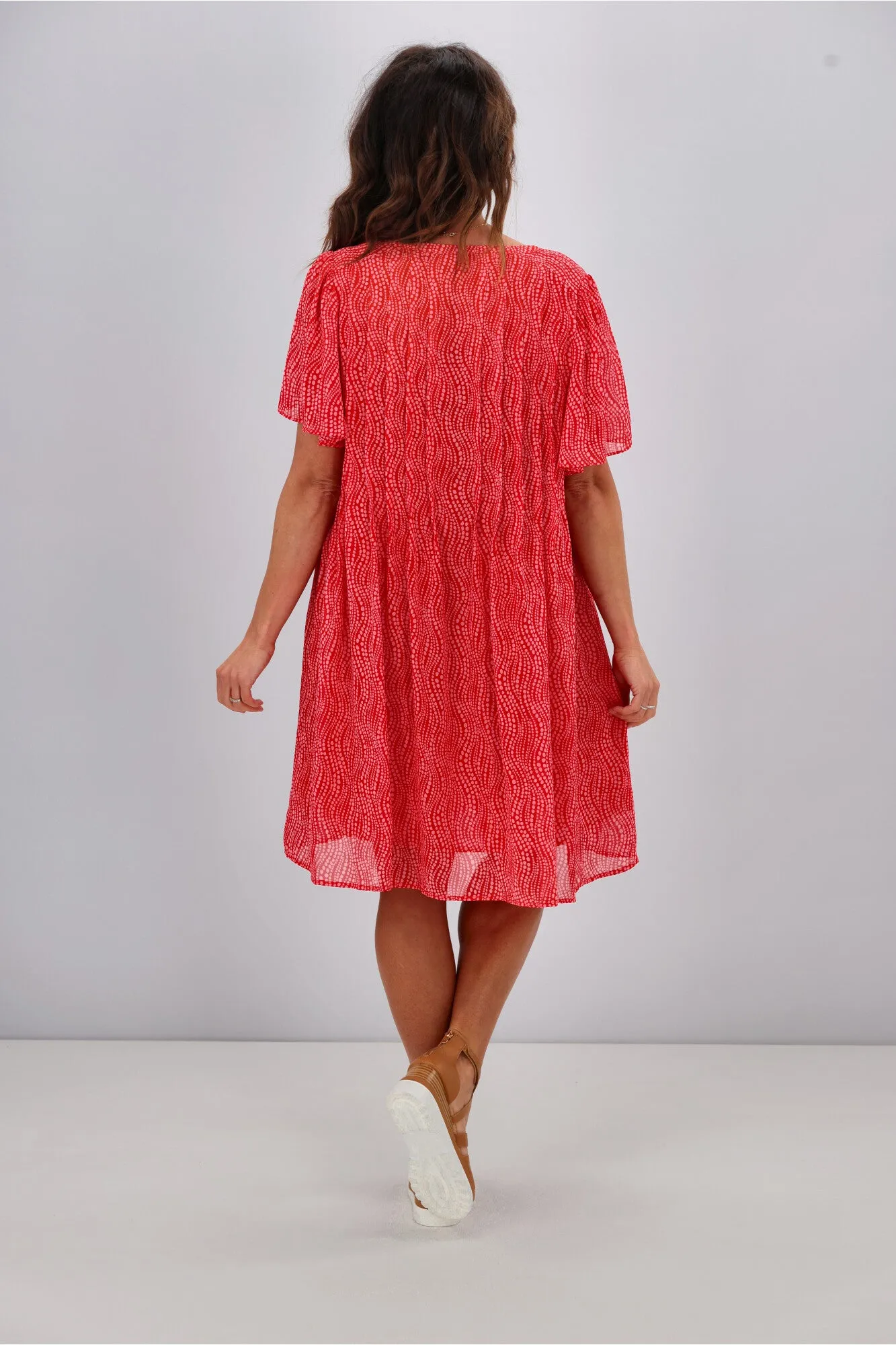 Gloss by Shine On Asya Pleat Front Dress Red Pink Spot Print