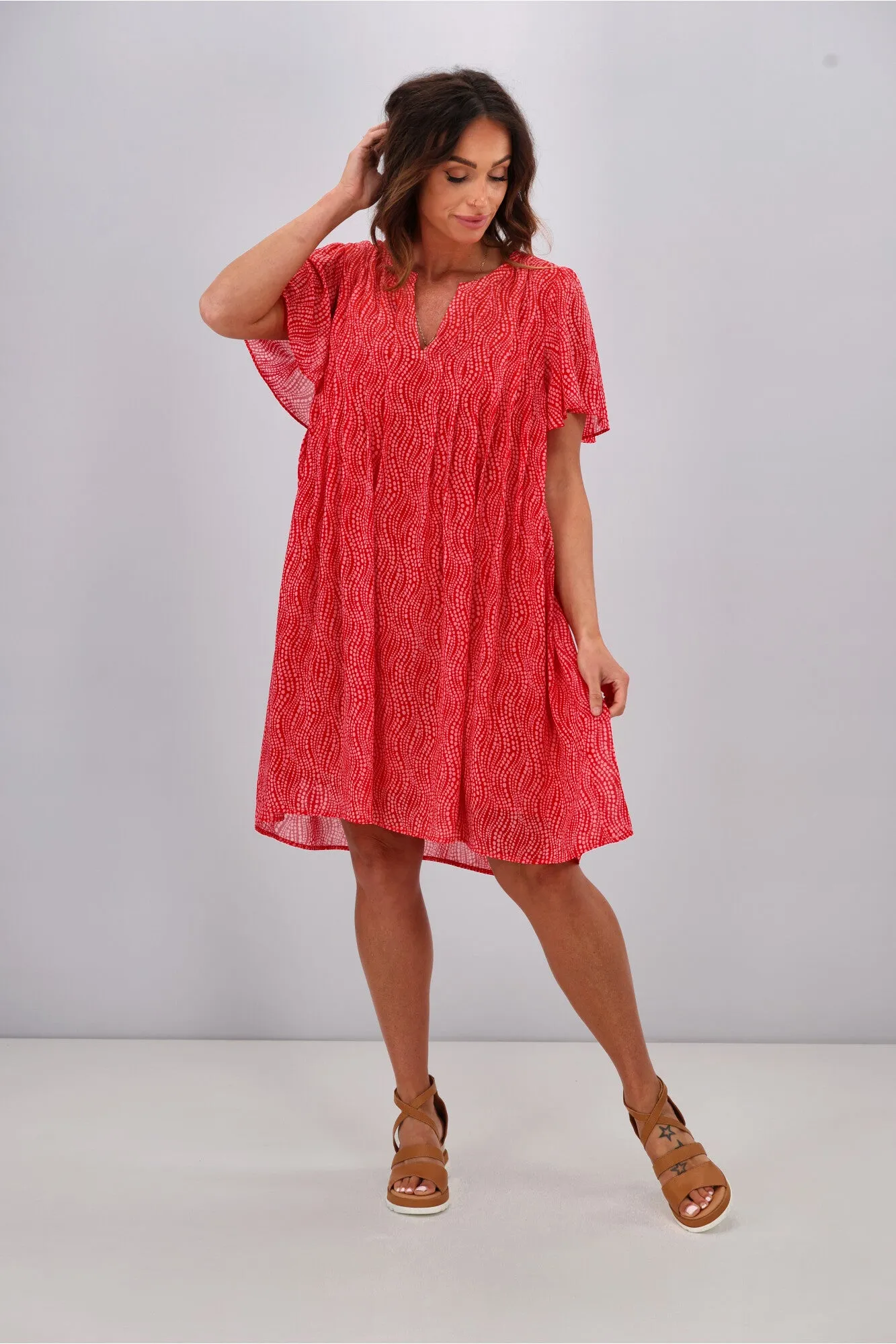 Gloss by Shine On Asya Pleat Front Dress Red Pink Spot Print