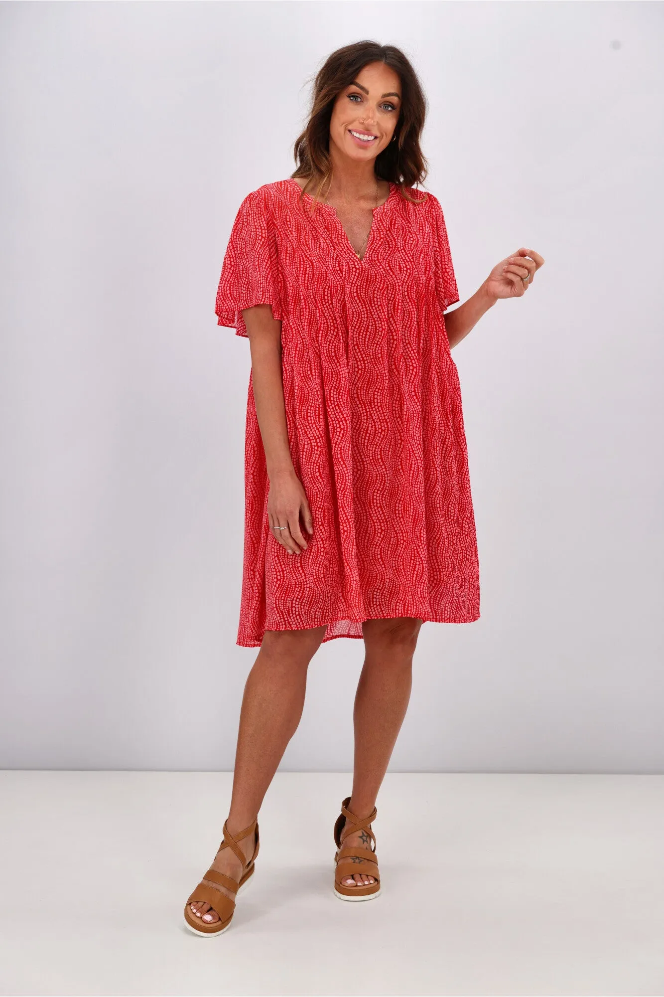 Gloss by Shine On Asya Pleat Front Dress Red Pink Spot Print