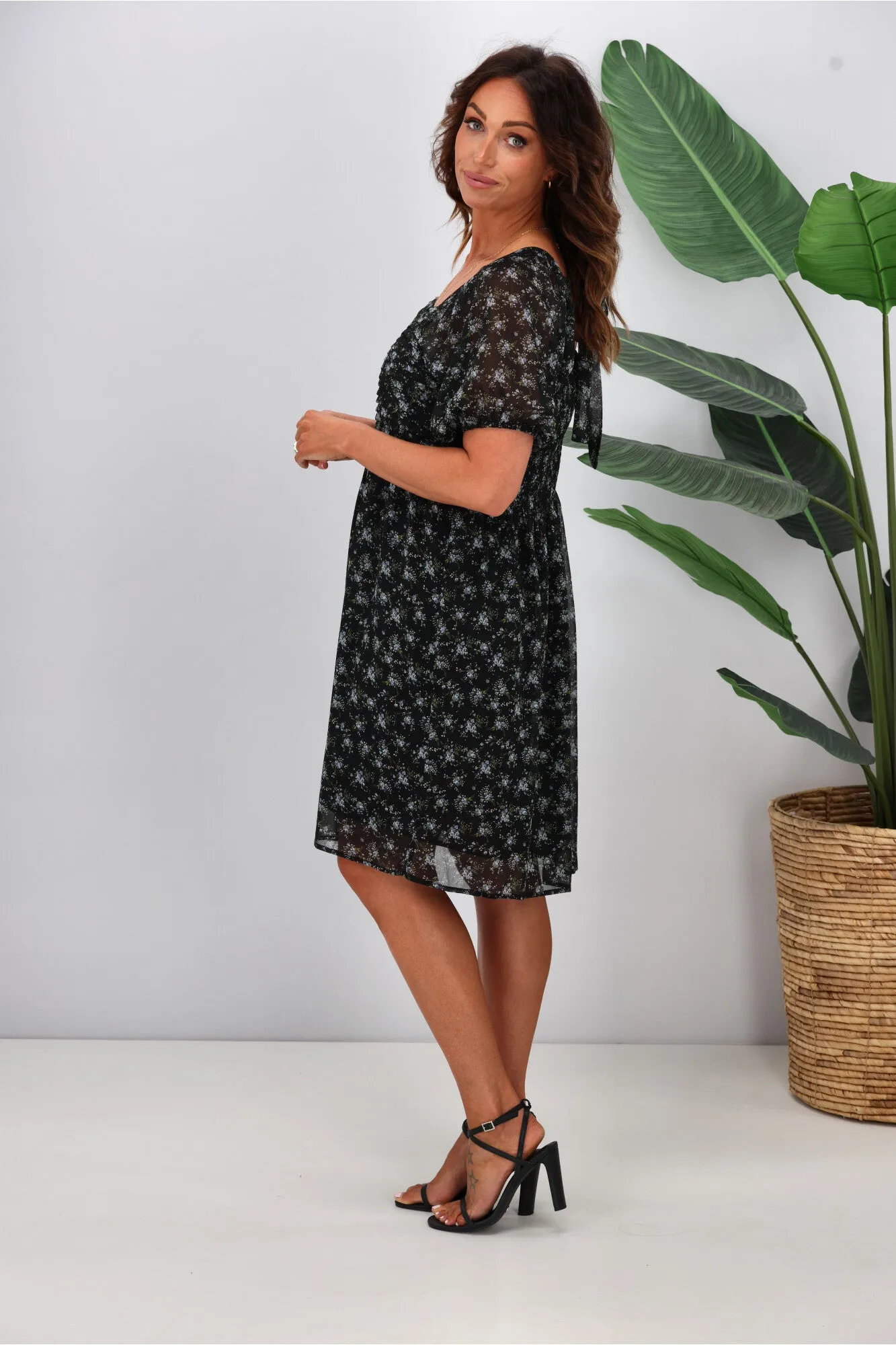 Gloss by Shine On Ilaria Pintuck Detail Dress Black Floral