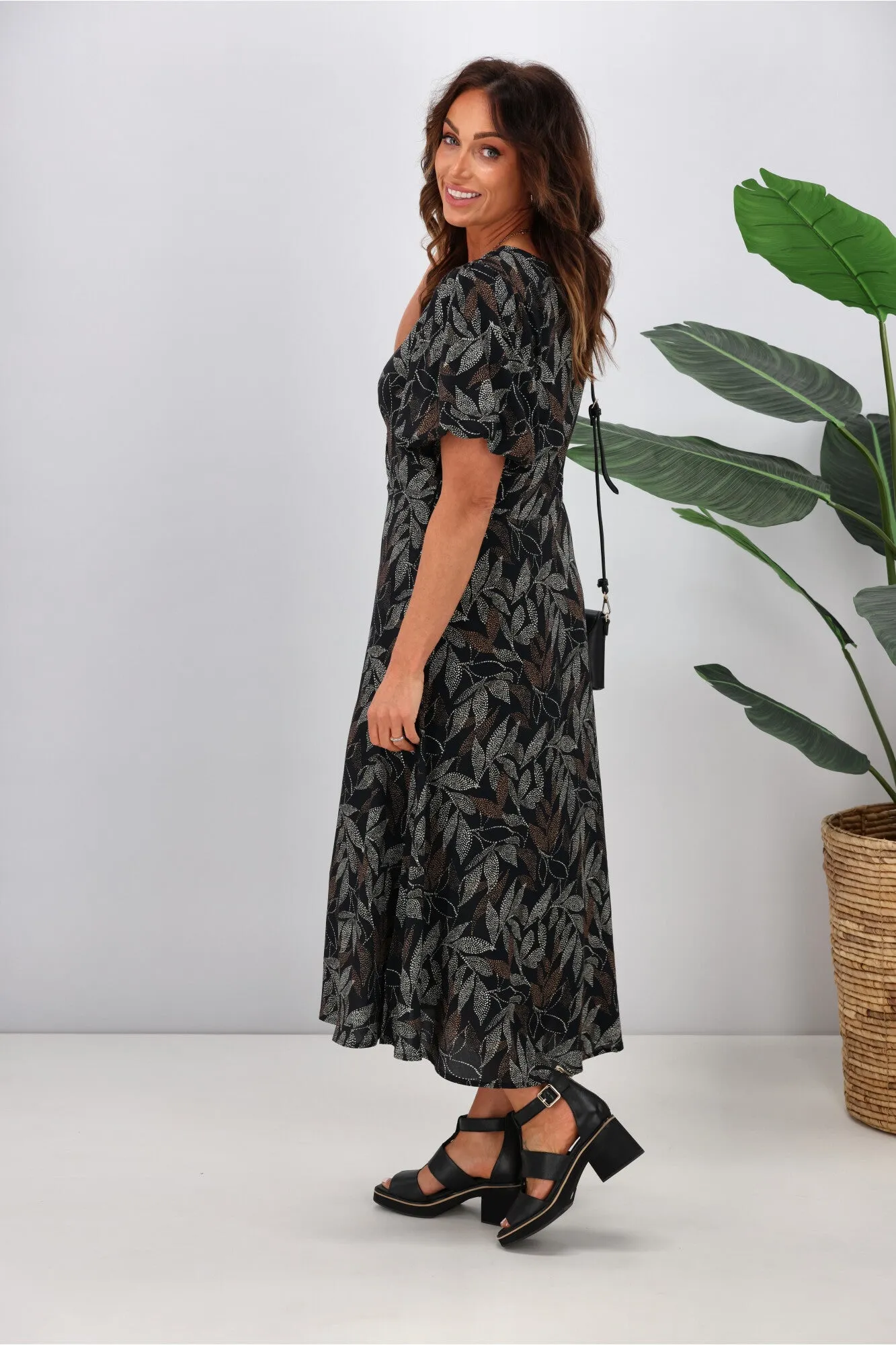 Gloss by Shine On Thora Knot Front Dress Black Leaf Dot Print