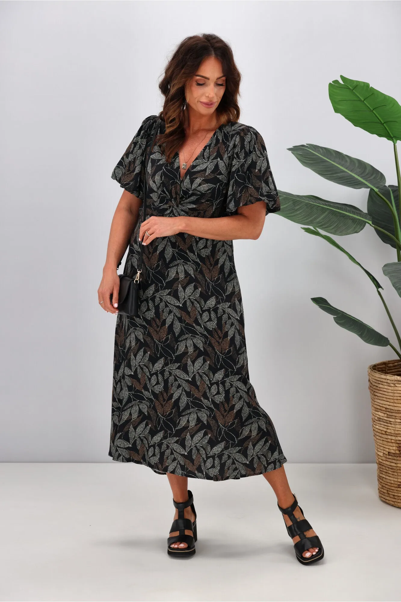 Gloss by Shine On Thora Knot Front Dress Black Leaf Dot Print