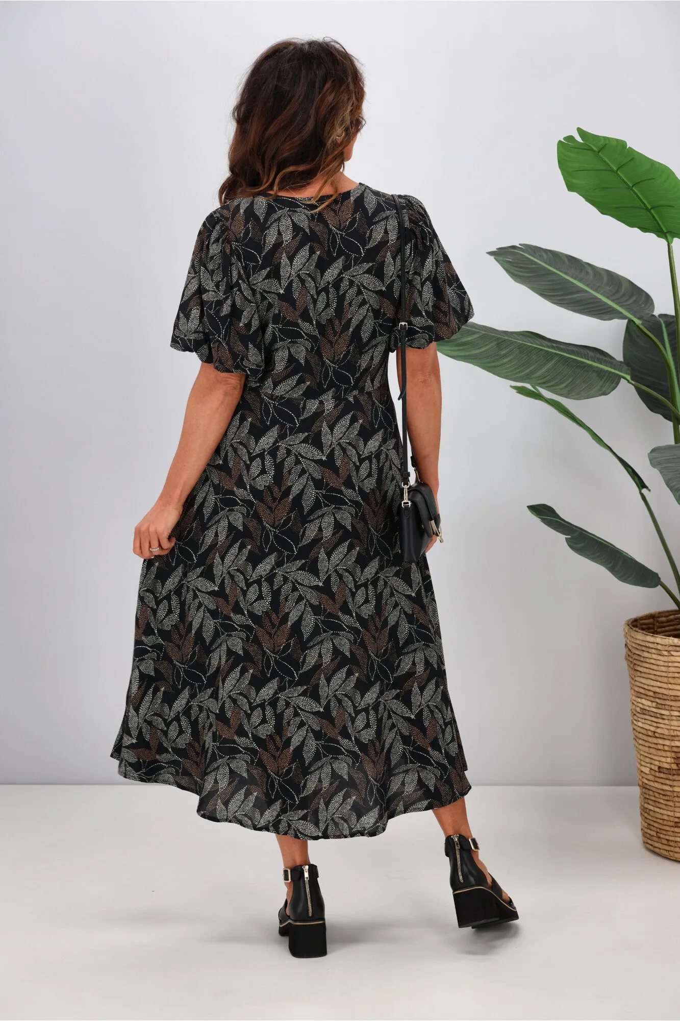 Gloss by Shine On Thora Knot Front Dress Black Leaf Dot Print