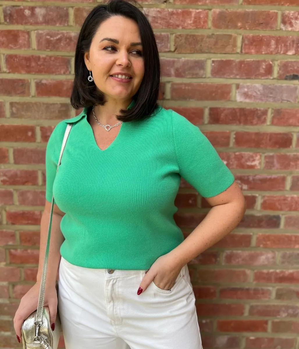 Green Cotton Rich Ribbed Collared Top