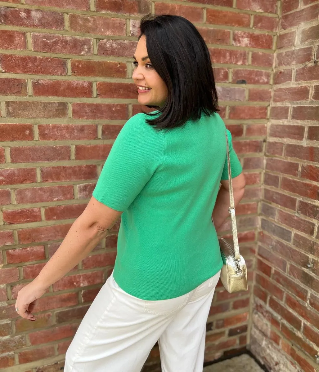 Green Cotton Rich Ribbed Collared Top