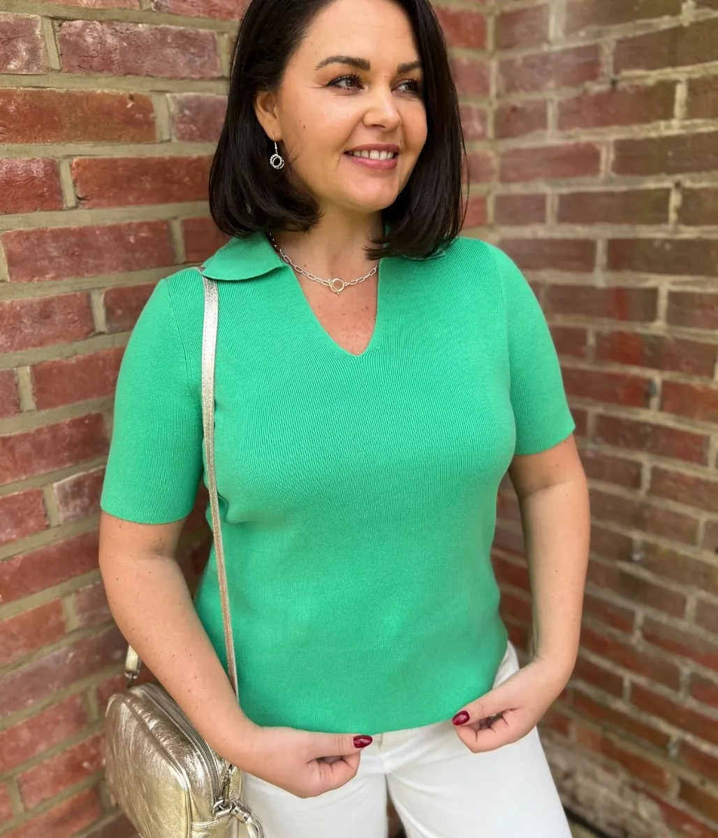 Green Cotton Rich Ribbed Collared Top