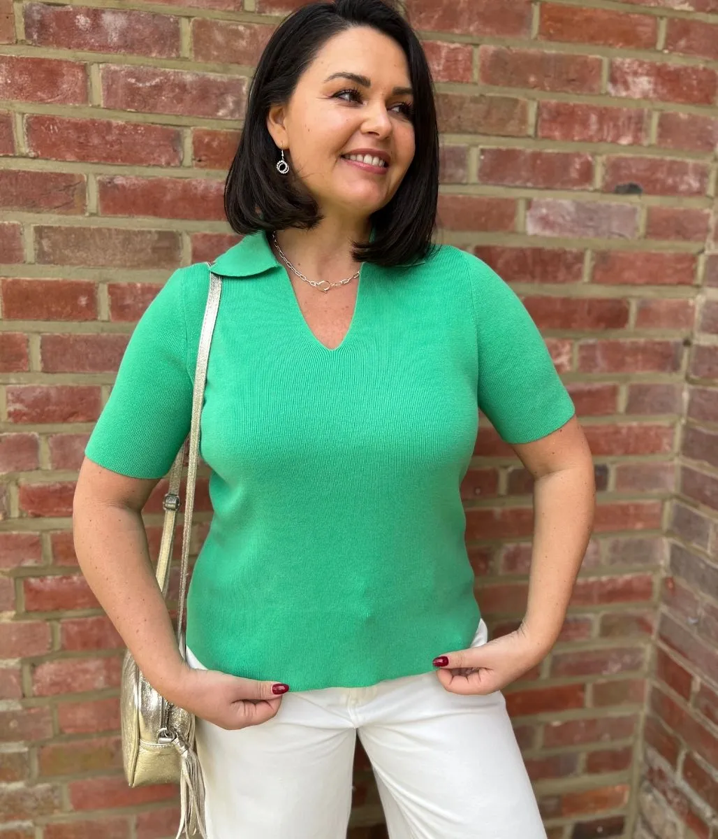 Green Cotton Rich Ribbed Collared Top