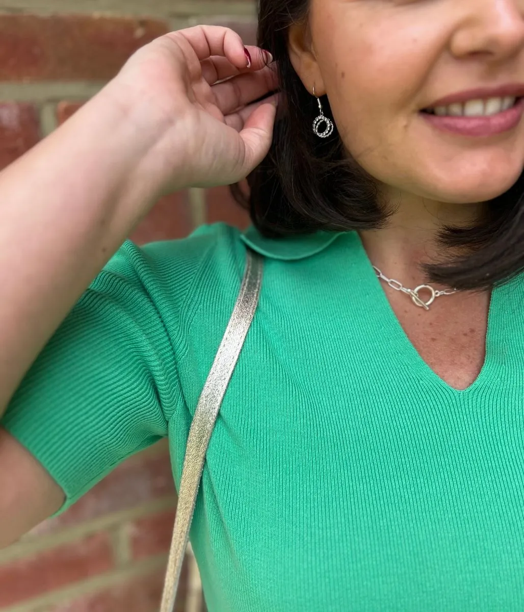 Green Cotton Rich Ribbed Collared Top