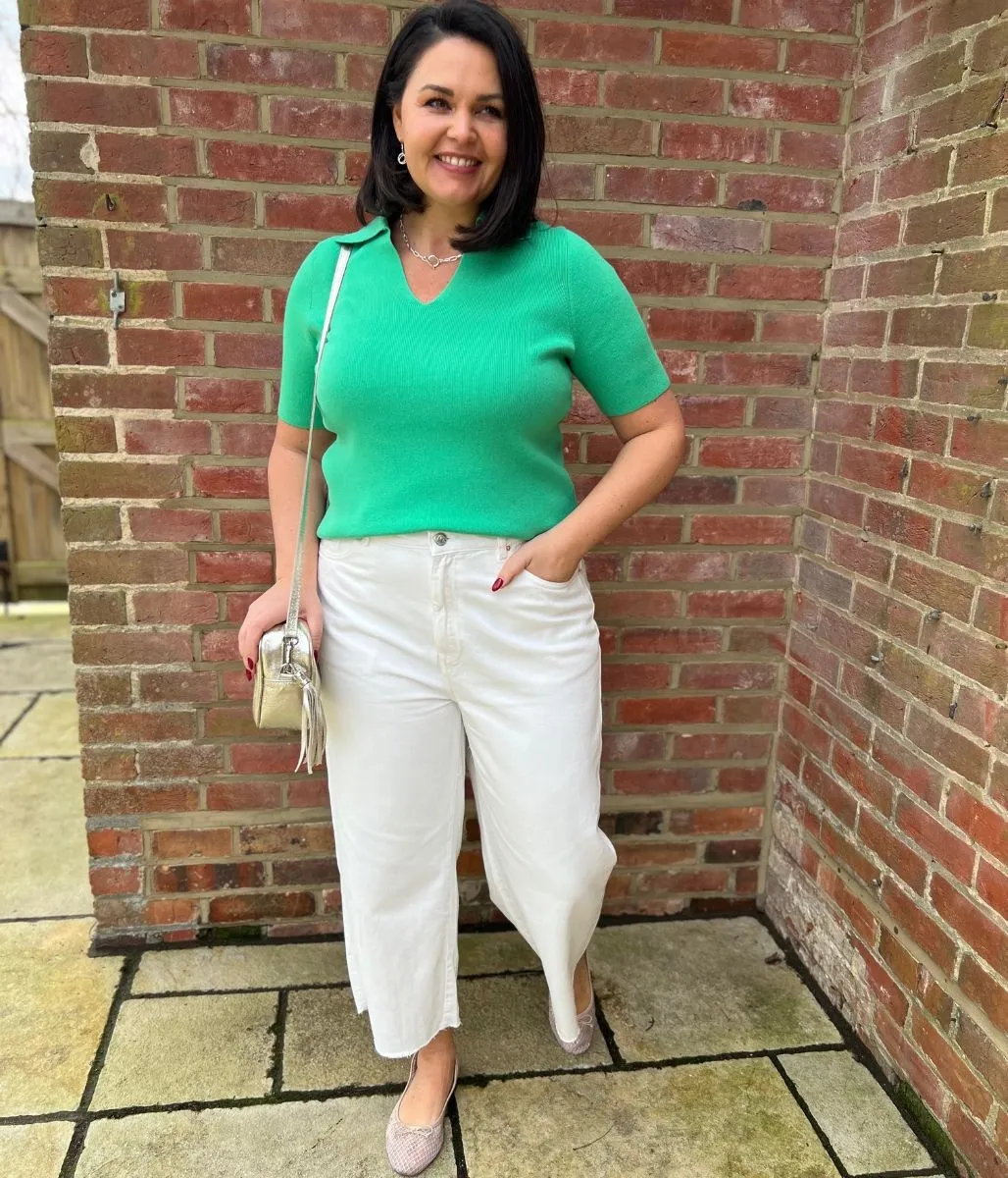 Green Cotton Rich Ribbed Collared Top
