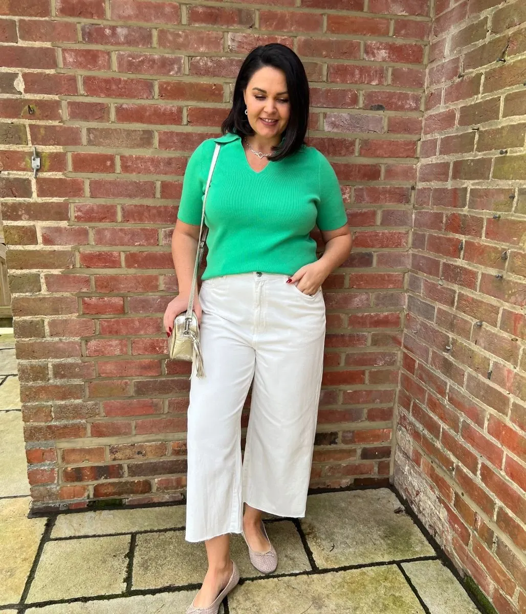 Green Cotton Rich Ribbed Collared Top