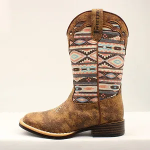 Kid's Brown and Pink Aztec Square Toe Boot