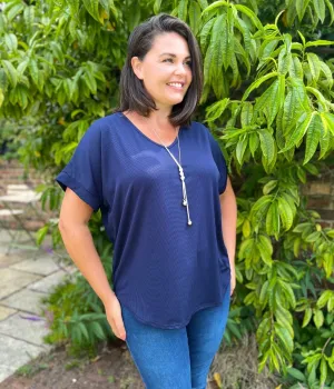 Navy Ribbed Necklace Top