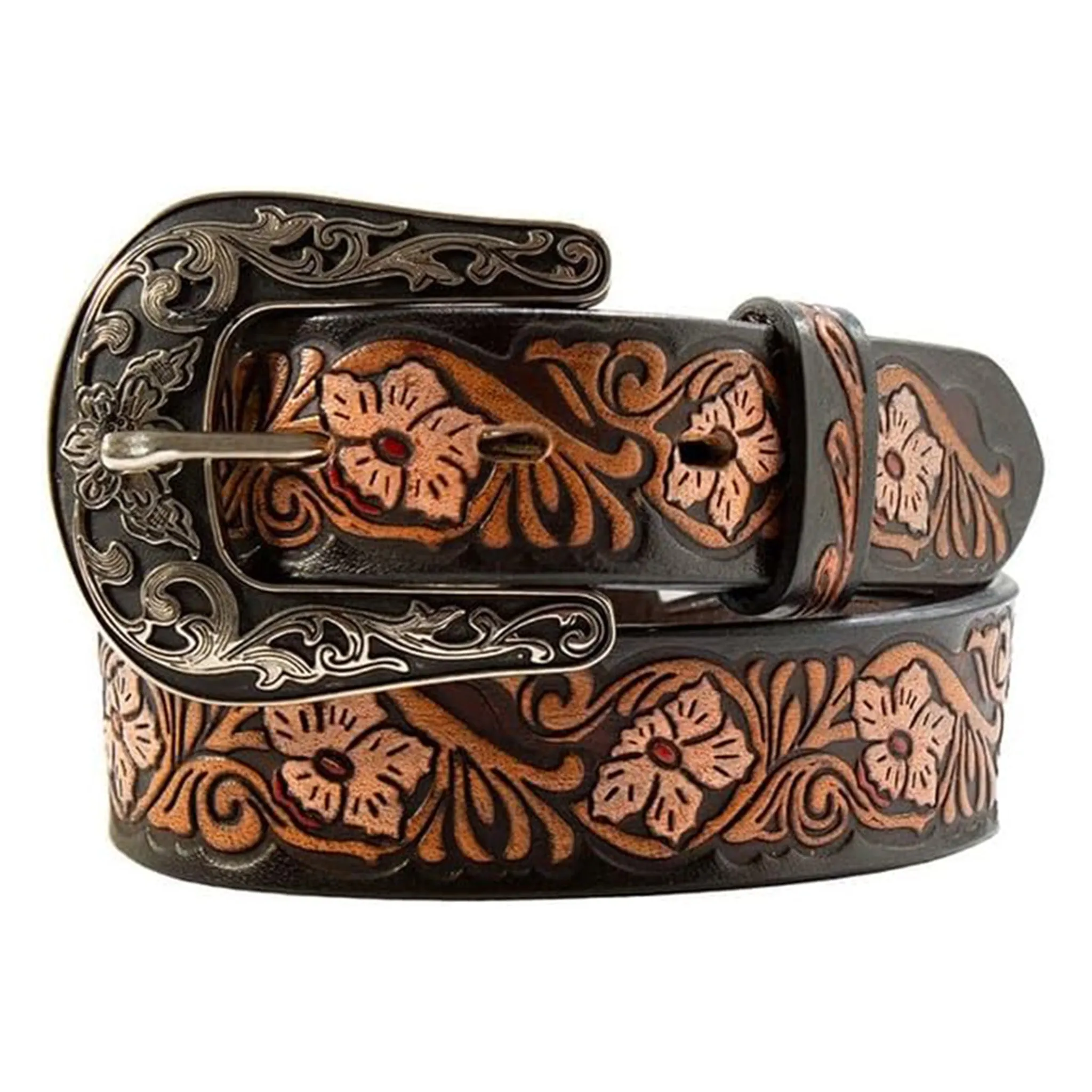 Nocona Girl's Black & Brown Floral Hand Tooled Belt