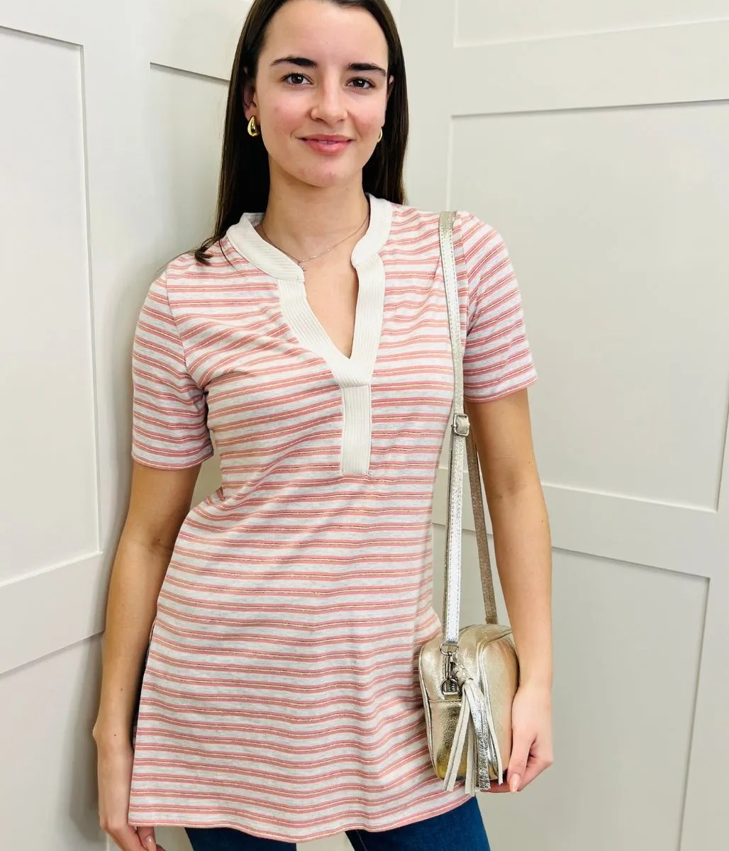 Oatmeal Metallic Stripe Tunic Top