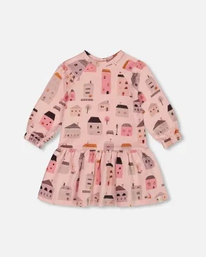 Printed French Terry Dress Pink And Coral Houses