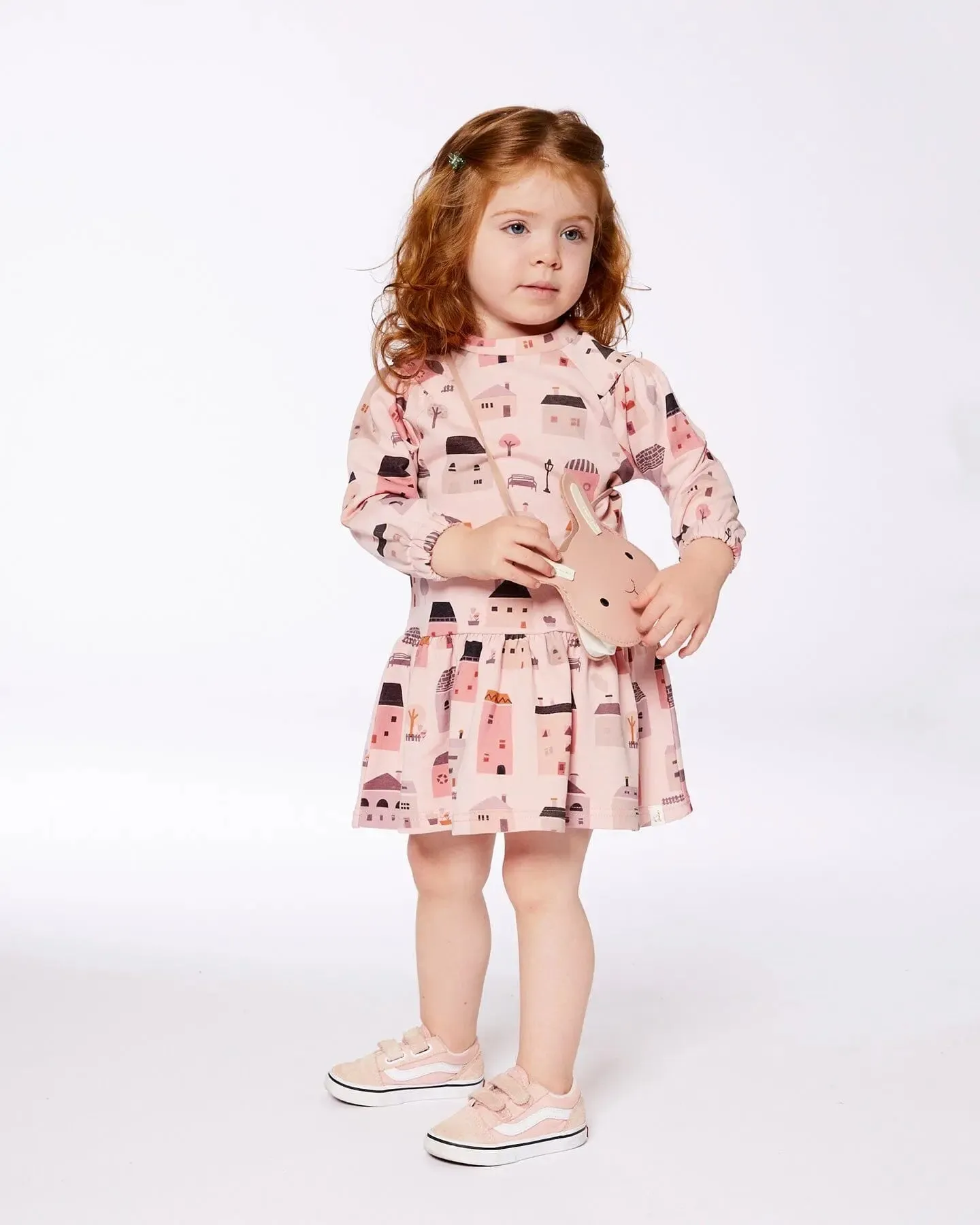 Printed French Terry Dress Pink And Coral Houses