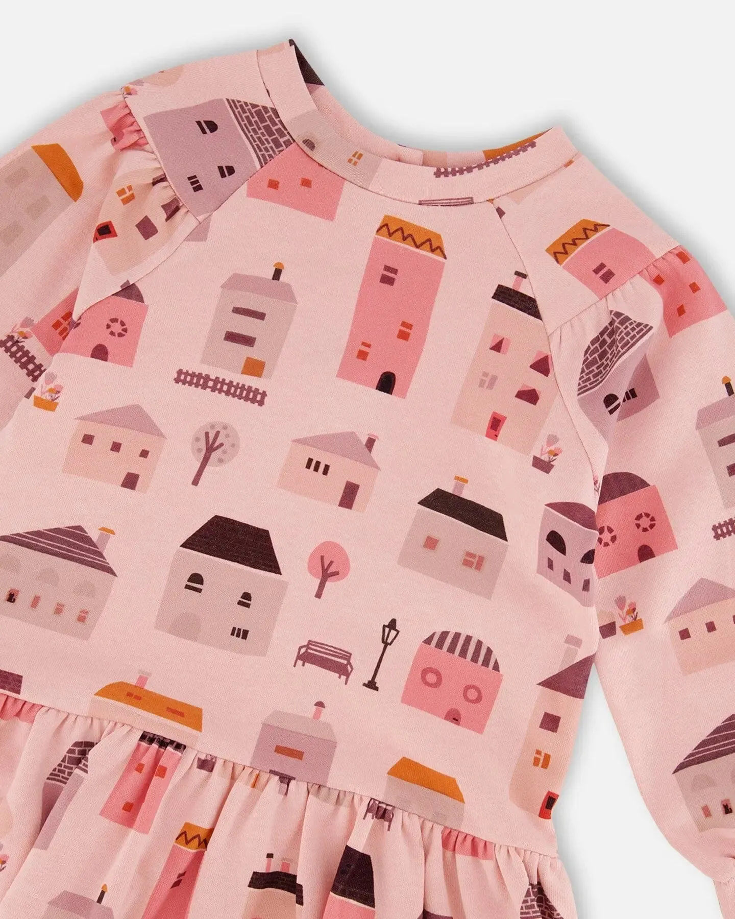 Printed French Terry Dress Pink And Coral Houses