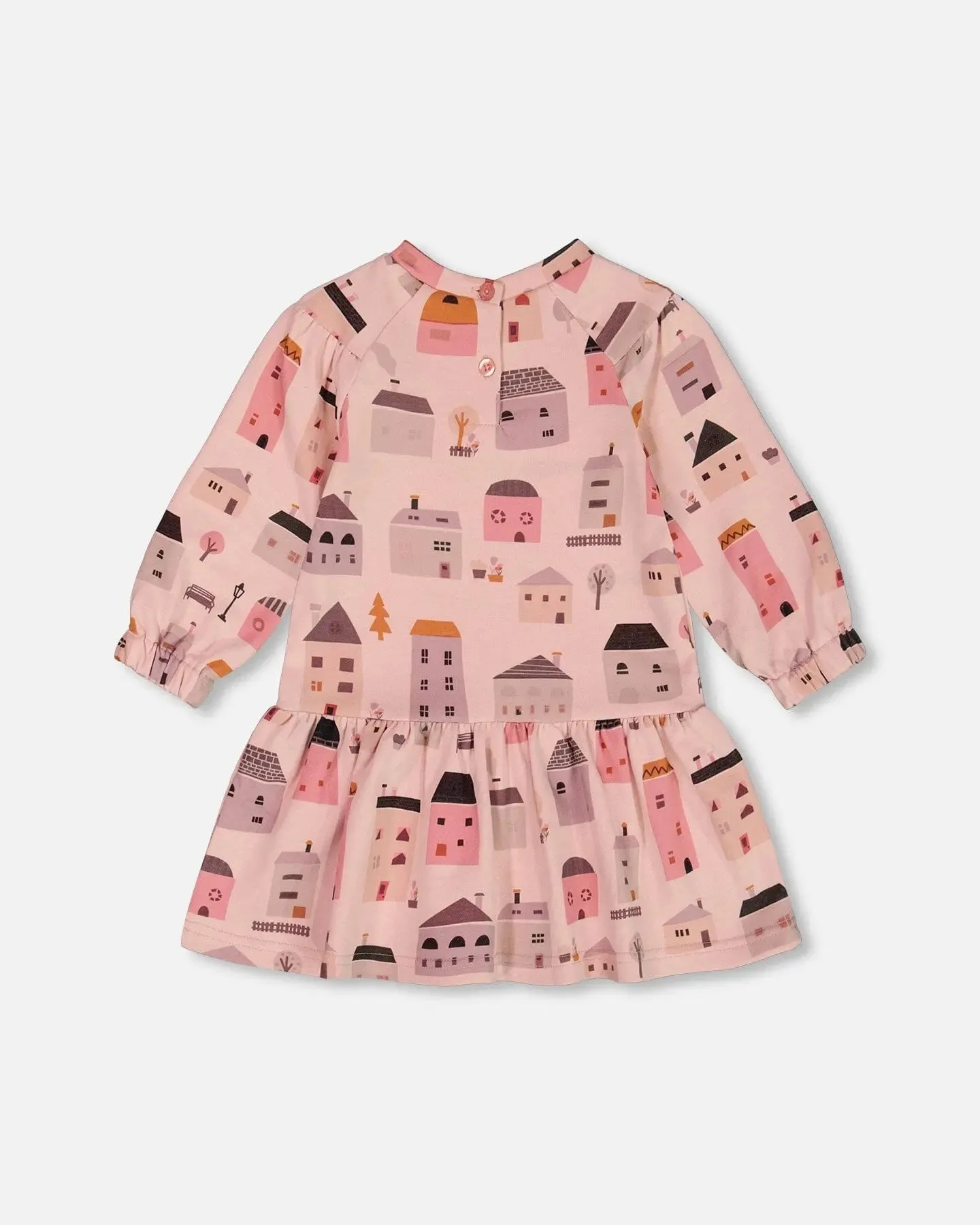 Printed French Terry Dress Pink And Coral Houses