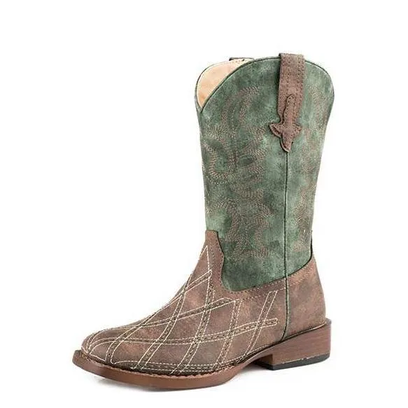 Roper Big Kid's Brown and Green Cross Cut Diamond Stitched Square Toe Boot