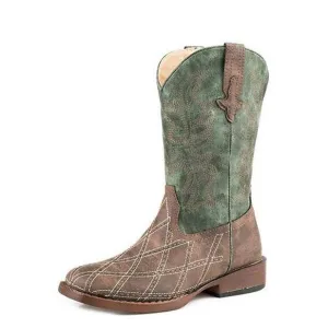 Roper Big Kid's Brown and Green Cross Cut Diamond Stitched Square Toe Boot