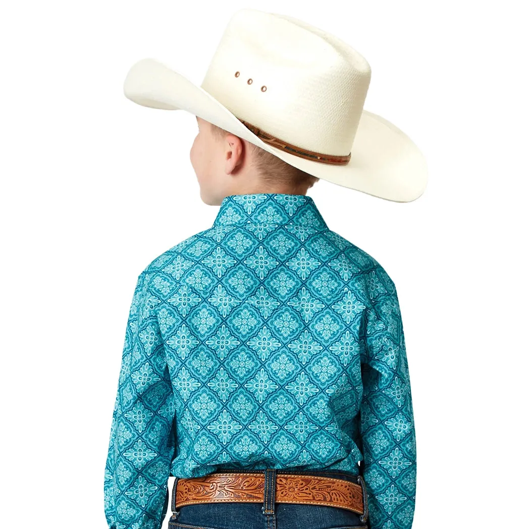 Roper Kid's Blue Medallion Print Long Sleeve Pearl Snap