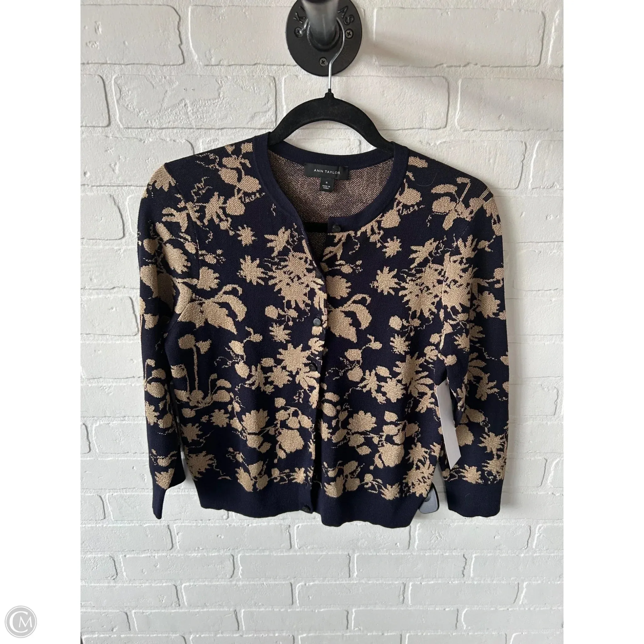 Sweater Cardigan By Ann Taylor In Blue & Gold, Size: M