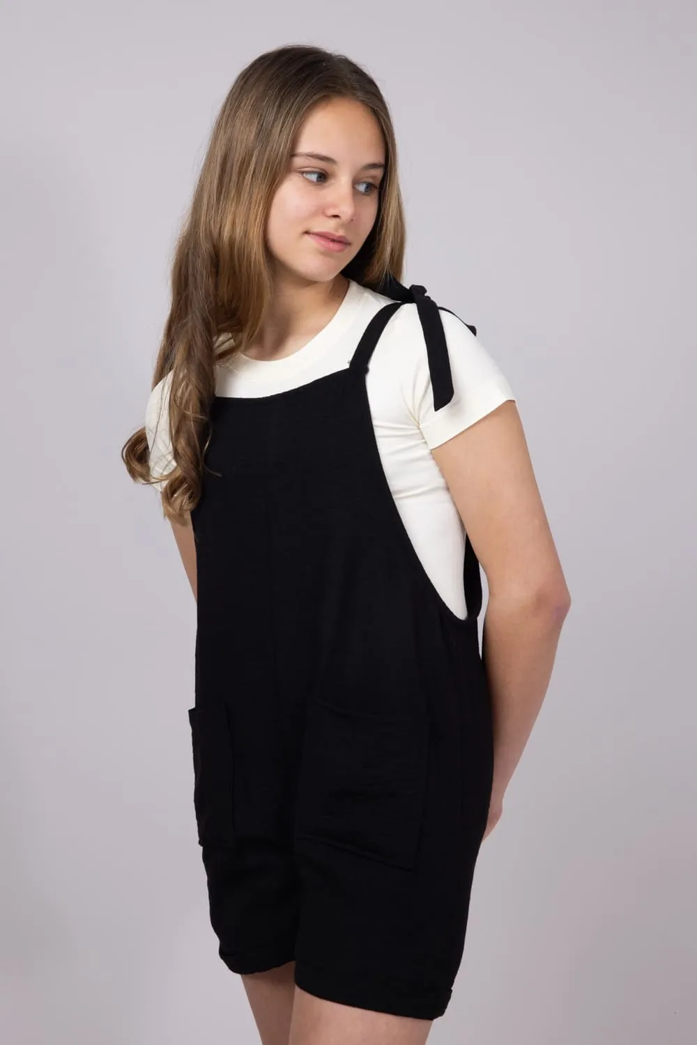 Youth Linen Tie Shoulder Romper for Girls in Black | IDC666G-BAW-BLACK