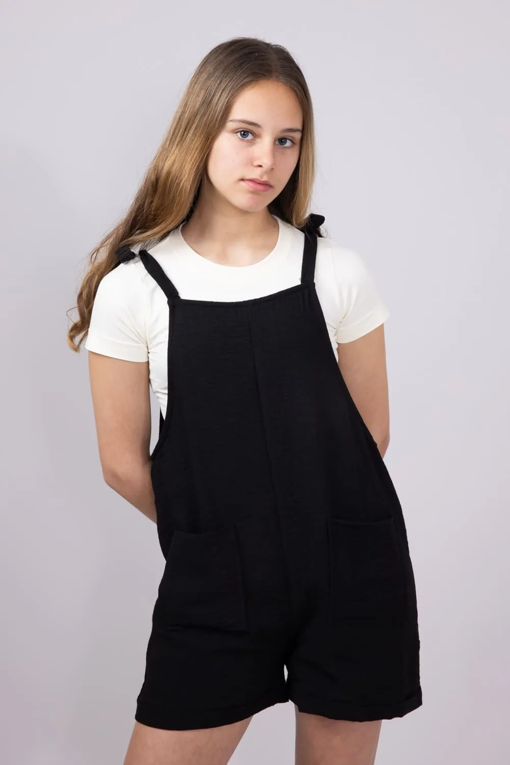 Youth Linen Tie Shoulder Romper for Girls in Black | IDC666G-BAW-BLACK