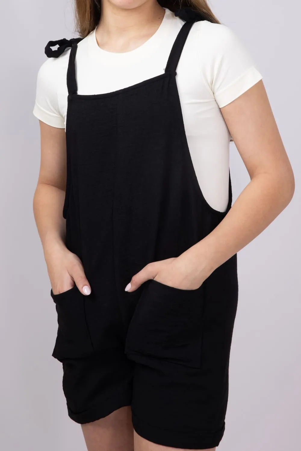 Youth Linen Tie Shoulder Romper for Girls in Black | IDC666G-BAW-BLACK